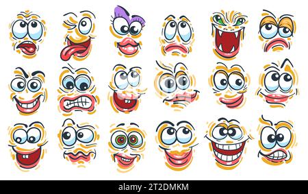 Colored Cartoon Doodle Faces Emotion Collection isolated on white vector illustration Stock Vector