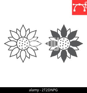 Sunflower line and glyph icon, thanksgiving and holidays, flower vector icon, maize vector graphics, editable stroke outline sign, eps 10. Stock Vector