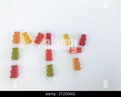 gelatinous, multi-colored, voluminous bears in the form of the word MY. appetizing, sweet, edible candy lettering. favorite gummy treats. vitamin natu Stock Photo