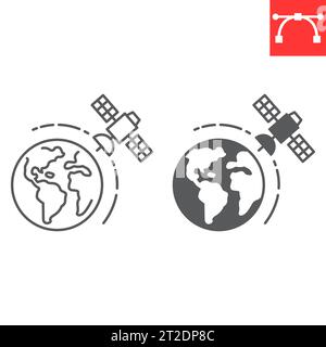 Satellite in orbit line and glyph icon, cosmos and communication, Satellite Earth vector icon, vector graphics, editable stroke outline sign, eps 10. Stock Vector