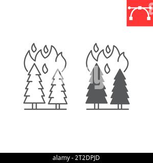 Forest fire line and glyph icon, climate change and ecology, pine tree on fire vector icon, vector graphics, editable stroke outline sign, eps 10. Stock Vector