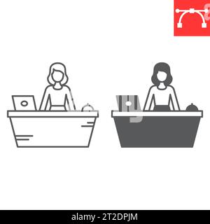 Reception line and glyph icon, receptionist and hotel services, customer service desk vector icon, vector graphics, editable stroke outline sign, eps Stock Vector