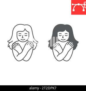 Self love line and glyph icon, self acceptance and mindfulness, young woman hugging herself. vector icon, vector graphics, editable stroke outline sig Stock Vector