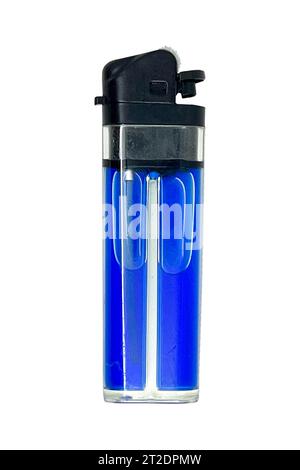 Blank plastic gas lighter isolated on white background, with blue liquid gas Stock Photo