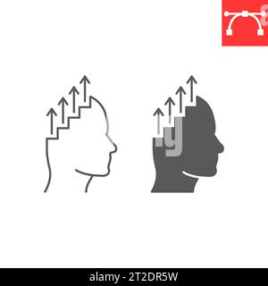 Self development line and glyph icon, progress and goals, human head shape ladder vector icon, vector graphics, editable stroke outline sign, eps 10. Stock Vector
