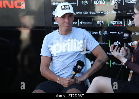 PHILLIP ISLAND, Australia. 19th Oct, 2023. 2023 Guru by Gryfyn Australian Motorcycle Grand Prix - Aleix Espargaró (Spain ) racing for Aprilla Racing speaks to the media at Phillip Island Grand Prix Circuit on October 19, 2023 in Phillip Island, Australia-Image Credit: brett keating/Alamy Live News Stock Photo