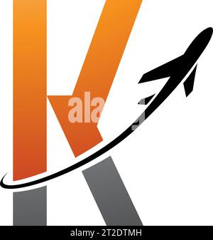 Orange and Black Futuristic Letter K Icon with an Airplane on a White Background Stock Vector