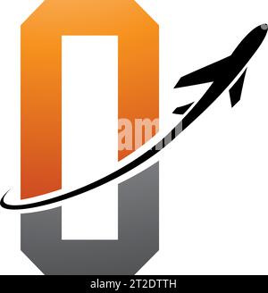 Orange and Black Futuristic Letter O Icon with an Airplane on a White Background Stock Vector