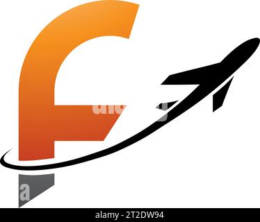 Orange and Black Lowercase Letter F Icon with an Airplane on a White Background Stock Vector