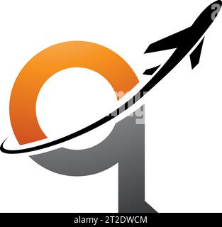 Orange and Black Lowercase Letter Q Icon with an Airplane on a White Background Stock Vector