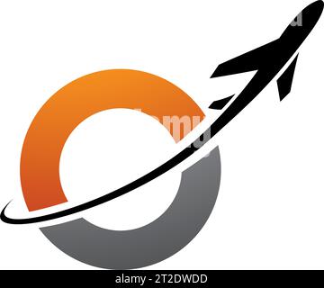 Orange and Black Lowercase Letter O Icon with an Airplane on a White Background Stock Vector