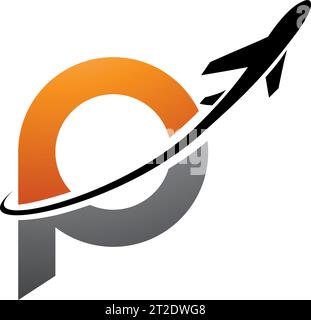 Orange and Black Lowercase Letter P Icon with an Airplane on a White Background Stock Vector