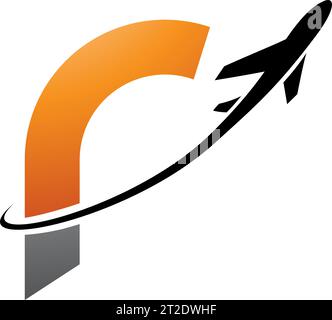 Orange and Black Lowercase Letter R Icon with an Airplane on a White Background Stock Vector