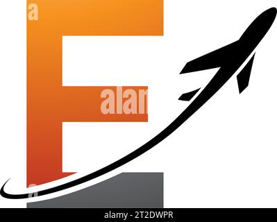 Orange and Black Uppercase Letter E Icon with an Airplane on a White Background Stock Vector