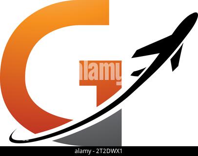 Orange and Black Uppercase Letter G Icon with an Airplane on a White Background Stock Vector