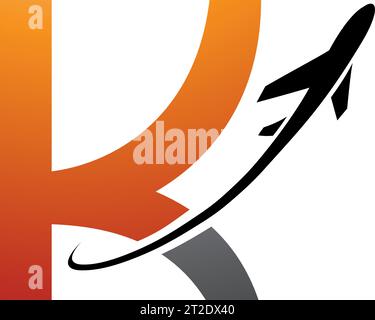 Orange and Black Uppercase Letter K Icon with an Airplane on a White Background Stock Vector