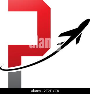 Red and Black Futuristic Letter P Icon with an Airplane on a White Background Stock Vector