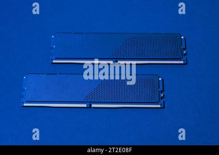 computer RAM chip. memory modules. Computer technology. concept of PC hardware. DIMM DDR4 with neon backlight Stock Photo