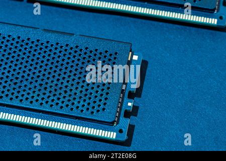 computer RAM chip. memory modules. Computer technology. concept of PC hardware. DIMM DDR4 with neon backlight Stock Photo