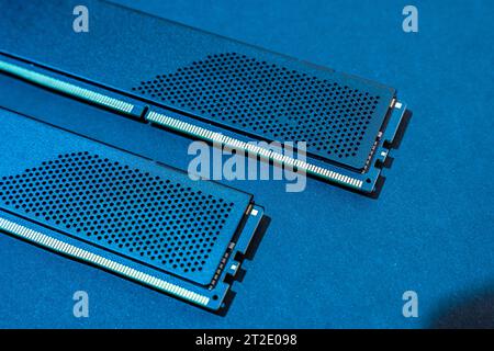 computer RAM chip. memory modules. Computer technology. concept of PC hardware. DIMM DDR4 with neon backlight Stock Photo