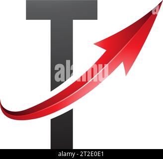 Red and Black Futuristic Letter T Icon with a Glossy Arrow on a White Background Stock Vector