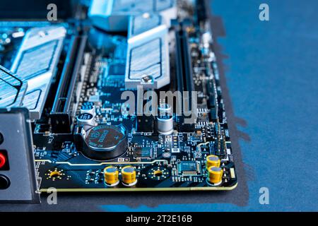 modern powerful and fast motherboard with connectors for HDMI and USB. PC hardware concept. internet cable connection words Stock Photo