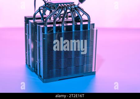 Computer fan. modern powerful cooler for cooling the CPU. Processor cooling system. concept of PC hardware. Air cooler of a personal computer processo Stock Photo