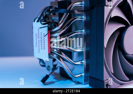 Computer fan. modern powerful cooler for cooling the CPU. Processor cooling system. concept of PC hardware. Air cooler of a personal computer processo Stock Photo