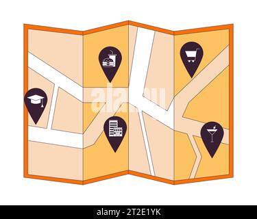 Neighborhood map with pinpoints 2D linear cartoon object Stock Vector