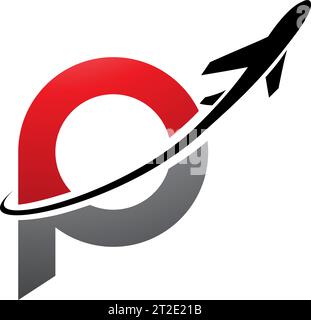 Red and Black Lowercase Letter P Icon with an Airplane on a White Background Stock Vector