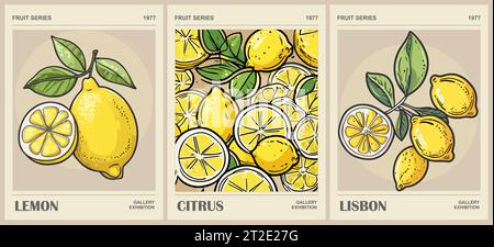 Set of abstract Fruit Market Lemon retro posters Stock Vector