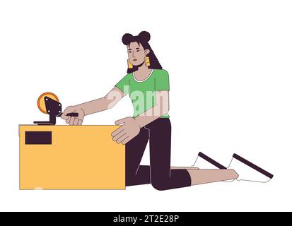 Latina woman packing box with shipping tape 2D linear cartoon character Stock Vector