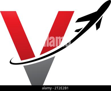 Red and Black Lowercase Letter V Icon with an Airplane on a White Background Stock Vector