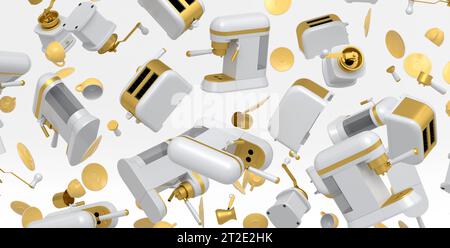 Many of flying espresso machine with horn, cups, geyser coffee maker and grinder Stock Photo