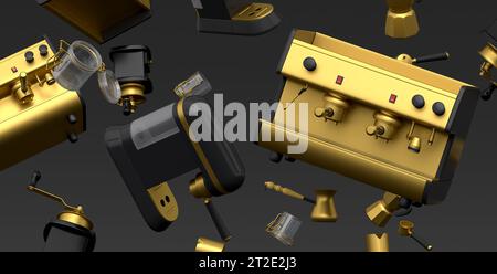 Many of flying espresso machine with horn, cups, geyser coffee maker and grinder Stock Photo