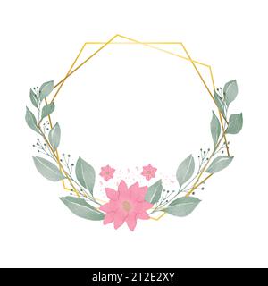 Abstract watercolor floral frame background vector. Watercolor invitation design with leaves, flower , gold geometric frame and watercolor brush strok Stock Vector