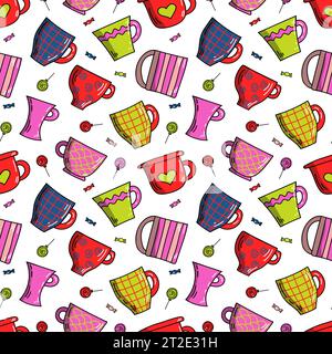Vector bright colorful seamless pattern of mugs, lollipops and candy in doodle style Stock Vector