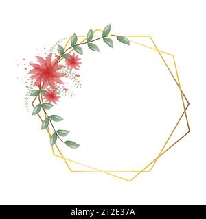 Abstract watercolor floral frame background vector. Watercolor invitation design with leaves, flower , gold geometric frame and watercolor brush strok Stock Vector