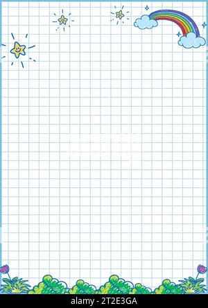 Lined notebook pages featuring children coloring garden-themed cartoons Stock Vector
