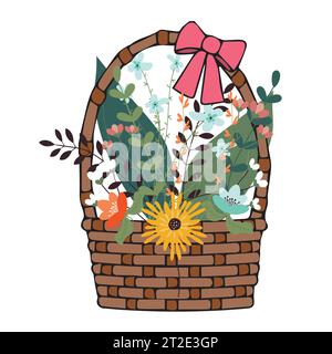 Basket with flowersisolated on a white background.Flower Basket Vector Cartoon Illustration, Flower Concept Art Vector, Print Ready T Shirt Logo Icon Stock Vector