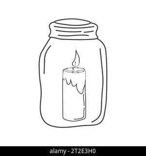 Burning aroma candle in a jar isolated on white background. Vector hand-drawn illustration in doodle style. Aromatherapy, relaxation design element. S Stock Vector