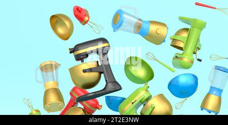 Electric kitchen appliances and utensils for making breakfast on coral  background. 3d render of kitchenware for cooking, baking, blending and  whipping Stock Photo - Alamy
