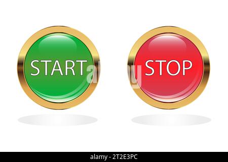 Buttons stop and start. Glass round web elements with gold frame. Vector illustration isolated on white background Stock Vector