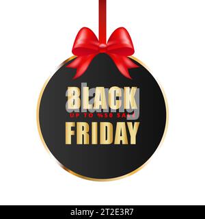 Black Friday banner with black frame and red bow. Shopping promotion poster.Discount special off design banner. Isolated on white background. Vector i Stock Vector