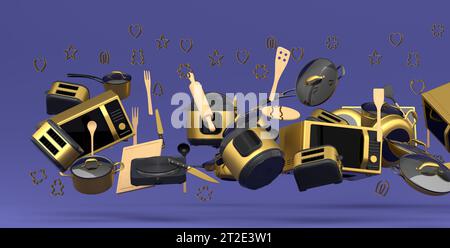 Electric kitchen appliances and utensils for making pastry on violet background Stock Photo