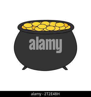 Black pot filled with gold coins. Isolated on white background. Vector illustration Stock Vector