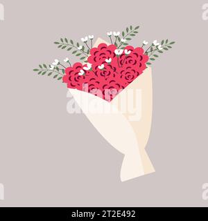 Bouquet of red roses. Illustration in flat style. A bouquet of wrapped roses. Vector illustration. Stock Vector