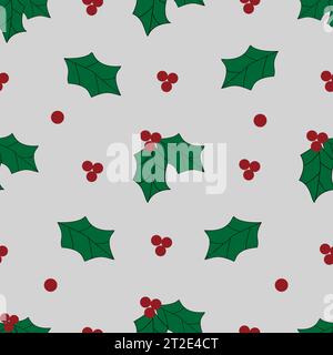 Christmas Holly berry seamless pattern. Festive plants in flat cartoon style. Decoration on dark green background. Christmas, new year holiday celebra Stock Vector