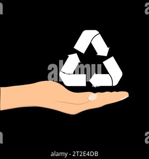 Conceptual image, help and care for recycling. Green triangular recycle symbol on an open palm. Vector illustration isolated on white background. Stock Vector