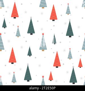 Christmas seamless pattern with spruce trees and snowflake dots on white background. Background for wallpapers, textiles, papers, gift boxes, fabrics, Stock Vector